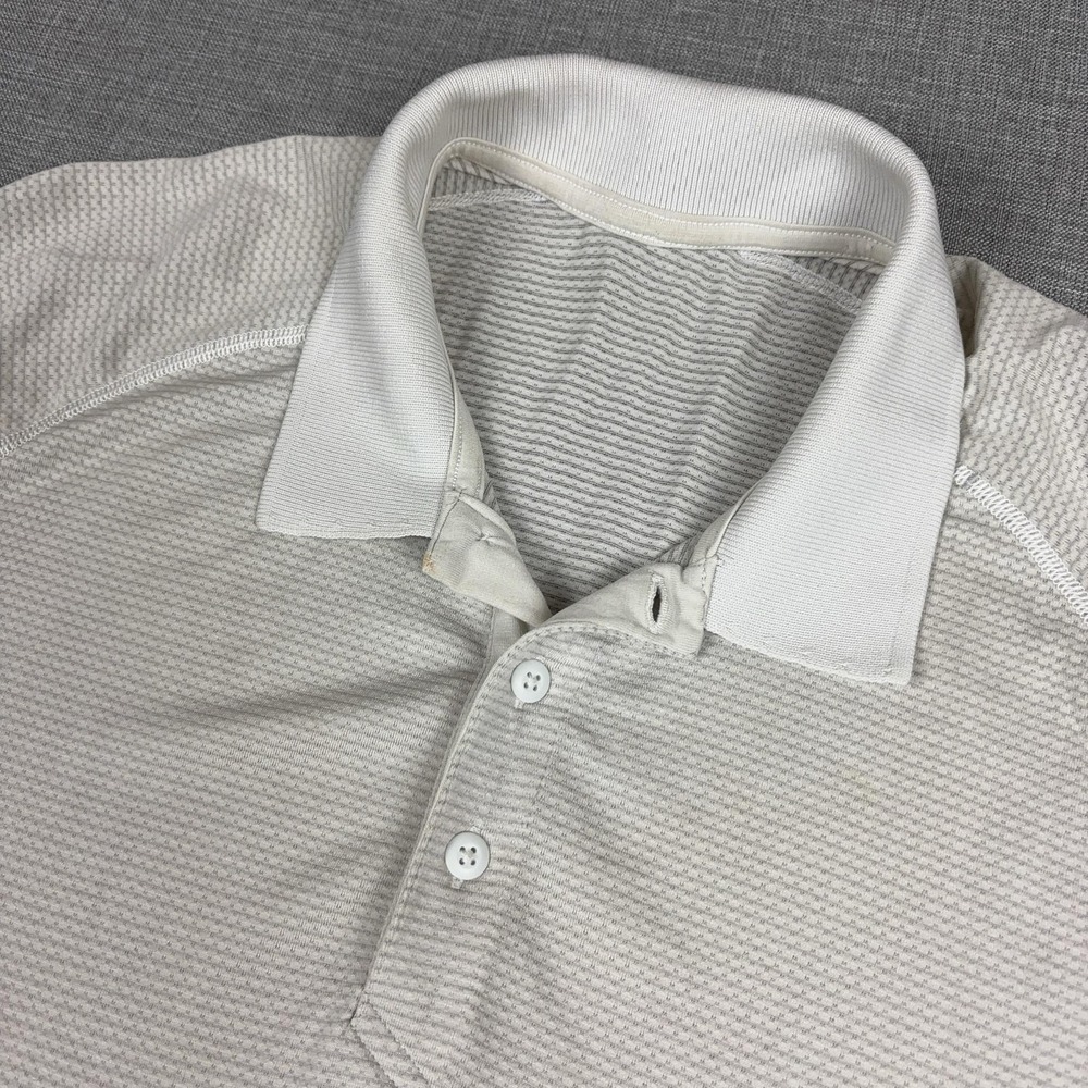 Lululemon Polo Shirt Mens L White Striped Lightweight Golf Short Sleeve Logo